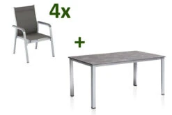 KETTLER Cubic/Basic Plus Esstischgarnitur, Silber/anthrazit, Alu/Textilene, Tisch 160x90 Cm, 4 Stapelsessel