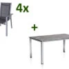 KETTLER Cubic Esstischgarnitur, Silber/anthrazit/grau, Alu/Textilene, Tisch 160x90 Cm, 4 Stapelsessel