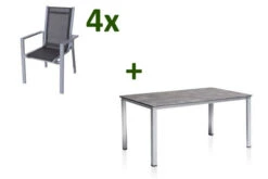 KETTLER Cubic Esstischgarnitur, Silber/anthrazit/grau, Alu/Textilene, Tisch 160x90 Cm, 4 Stapelsessel