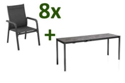 KETTLER Cubic/Basic Plus Esstischgarnitur, Anthrazit, Alu/HPL/Textilene, 140/210x70 Cm, 8 Stapelsessel