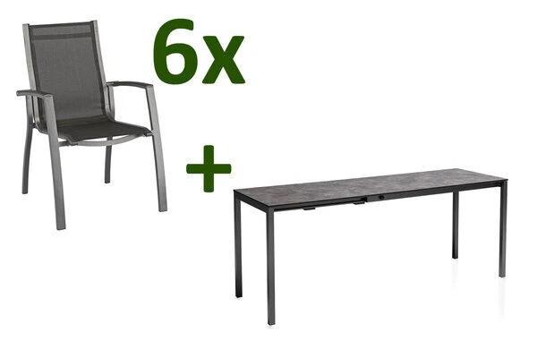 KETTLER Cubic/Altura Esstischgarnitur, Anthrazit, Alu/HPL/Textilene, 140/210x70 Cm, 6 Stapelsessel 1 KETTLER Cubic/Altura Esstischgarnitur, Anthrazit, Alu/HPL/Textilene, 140/210x70 Cm, 6 Stapelsessel
