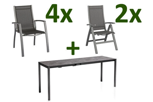 KETTLER Cubic/Altura Esstischgarnitur, Anthrazit, Alu/HPL/Textilene, 140/210x70 Cm, 4 Stapel, 2 Multipos 1 KETTLER Cubic/Altura Esstischgarnitur, Anthrazit, Alu/HPL/Textilene, 140/210x70 Cm, 4 Stapel, 2 Multipos