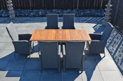 OUTFLEXX Malaga Sitzgruppe, Natur/anthrazit/flanelle, FSC-Teak/Edelstahl/Alu/Sunbrella, 150/200x90cm, 6 Sessel, Plattenstärke 20mm, Verstellbare Rückenlehne