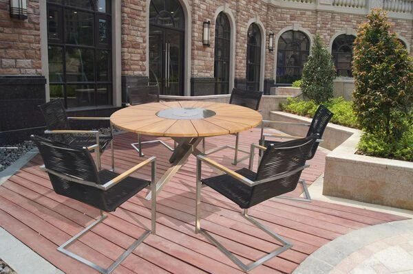 OUTFLEXX Esstischgarnitur, Silber/schwarz, Edelstahl/FSC-Teak, Esstisch Ø 170 Cm, 6 Freischwinger 1 OUTFLEXX Esstischgarnitur, Silber/schwarz, Edelstahl/FSC-Teak, Esstisch Ø 170 Cm, 6 Freischwinger