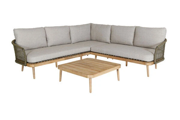 OUTFLEXX Ecklounge, Olive Green, Rope/Akazie, 5 Personen, Inkl. Polster In Sandfarbe Und Kaffeetisch 80 X 80 Cm 2 OUTFLEXX Ecklounge, Olive Green, Rope/Akazie, 5 Personen, Inkl. Polster In Sandfarbe Und Kaffeetisch 80 X 80 Cm – Bild 2