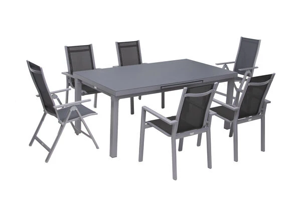 OUTFLEXX Premium Sitzgruppe, Silber/grau, Alu/Textilene, Ausziehtisch 180/240 X 100 Cm, 4 Stapel-, 2 Multipositionssessel 2 OUTFLEXX Premium Sitzgruppe, Silber/grau, Alu/Textilene, Ausziehtisch 180/240 X 100 Cm, 4 Stapel-, 2 Multipositionssessel – Bild 2