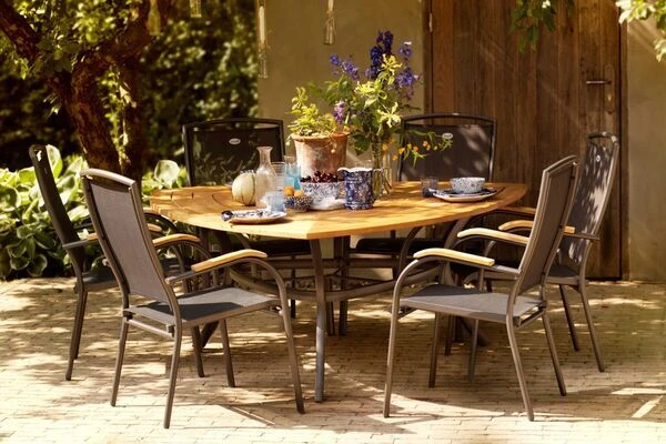 HARTMAN Raffaelo Stapelsessel, Xerix/anthrazit, Alu/Textilene, Mit FSC-Teak-Armlehnen 3 HARTMAN Raffaelo Stapelsessel, Xerix/anthrazit, Alu/Textilene, Mit FSC-Teak-Armlehnen – Bild 3