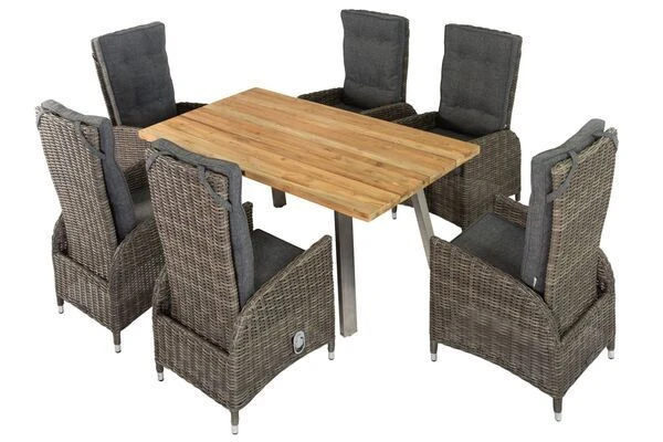OUTFLEXX Esstischgarnitur, Edelstahl/recyceltes FSC-Teak, Tisch 160x90 Cm, 6 Hochlehner- Diningsessel, A-Gestell 3 OUTFLEXX Esstischgarnitur, Edelstahl/recyceltes FSC-Teak, Tisch 160x90 Cm, 6 Hochlehner- Diningsessel, A-Gestell – Bild 3