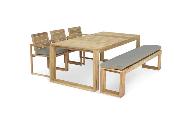OUTFLEXX Anok Esstischgarnitur, Natur, Recycled FSC-Teak, Esstisch 200x100cm, 1x Bank 200x40cm, 3x Stuhl 3 OUTFLEXX Anok Esstischgarnitur, Natur, Recycled FSC-Teak, Esstisch 200x100cm, 1x Bank 200x40cm, 3x Stuhl – Bild 3