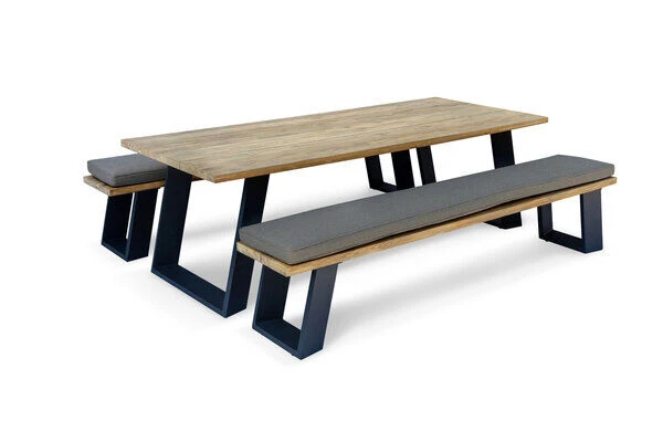 OUTFLEXX Zero Esstischgarnitur, Dark Grey/natur, Alu/recycled FSC-Teak, Esstisch 240x100cm, 2x Bank 240x40cm 4 OUTFLEXX Zero Esstischgarnitur, Dark Grey/natur, Alu/recycled FSC-Teak, Esstisch 240x100cm, 2x Bank 240x40cm – Bild 4