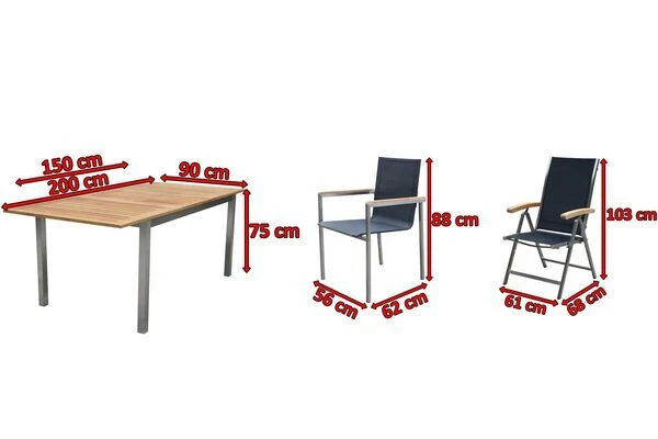 OUTFLEXX Set, Schwarz, 150 X 90 Cm, Edelstahl/Teak, Ausziehtisch, 6 Stühle, 2 Multipositionssessel 5 OUTFLEXX Set, Schwarz, 150 X 90 Cm, Edelstahl/Teak, Ausziehtisch, 6 Stühle, 2 Multipositionssessel – Bild 5