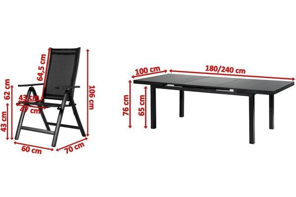 OUTFLEXX Premium Esstischgarnitur, OUTFLEXX® Anthrazit Matt, Alu/Textilene, Tisch 180/240x100cm, 8 Multipositionssessel 5 OUTFLEXX Premium Esstischgarnitur, OUTFLEXX® Anthrazit Matt, Alu/Textilene, Tisch 180/240x100cm, 8 Multipositionssessel – Bild 5