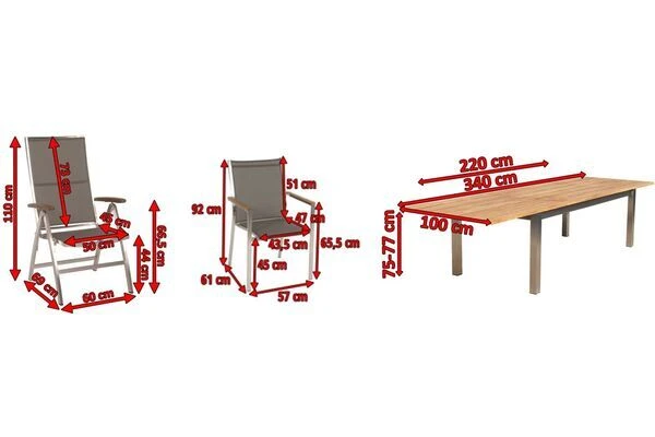 STERN Cardiff Esstischgruppe, Silber/taupe, Edelstahl/FSC-Teak, Tisch 220/340 X 100 Cm, 4 Stapel-, 2 Multipositionssessel 5 STERN Cardiff Esstischgruppe, Silber/taupe, Edelstahl/FSC-Teak, Tisch 220/340 X 100 Cm, 4 Stapel-, 2 Multipositionssessel – Bild 5