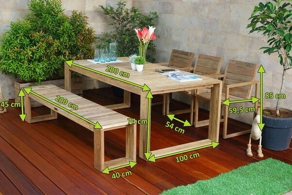 OUTFLEXX Anok Esstischgarnitur, Natur, Recycled FSC-Teak, Esstisch 200x100cm, 1x Bank 200x40cm, 3x Stuhl 4 OUTFLEXX Anok Esstischgarnitur, Natur, Recycled FSC-Teak, Esstisch 200x100cm, 1x Bank 200x40cm, 3x Stuhl – Bild 4