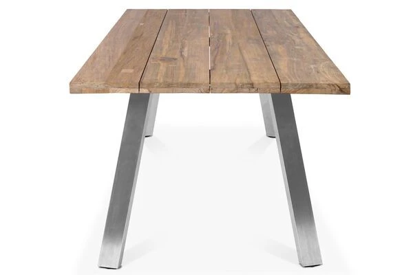 OUTFLEXX Esstischgarnitur, Edelstahl/recyceltes FSC-Teak, Tisch 160x90 Cm, 6 Hochlehner- Diningsessel, A-Gestell 7 OUTFLEXX Esstischgarnitur, Edelstahl/recyceltes FSC-Teak, Tisch 160x90 Cm, 6 Hochlehner- Diningsessel, A-Gestell – Bild 7